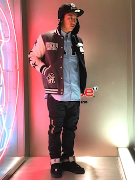 「AAPE BY A BATHING APE（エーエイプバイアベイシングエイプ）のアイテム（ジャケット/アウター）」を使った、山本雄也さん（メンズ・165cm）の冬コーディネート