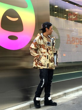 「AAPE BY A BATHING APE（エーエイプバイアベイシングエイプ）のアイテム（ジャケット/アウター）」を使った、山本雄也さん（メンズ・165cm）の春コーディネート