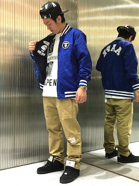 「AAPE BY A BATHING APE（エーエイプバイアベイシングエイプ）のアイテム（その他アウター）」を使った、山本雄也さん（メンズ・165cm）の春コーディネート