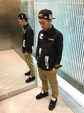 「AAPE BY A BATHING APE（エーエイプバイアベイシングエイプ）のアイテム（帽子）」を使った、山本雄也さん（メンズ・165cm）の春コーディネート