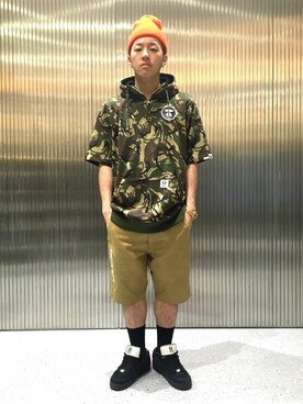 「AAPE BY A BATHING APE（エーエイプバイアベイシングエイプ）のアイテム（帽子）」を使った、山本雄也さん（メンズ・165cm）の春コーディネート