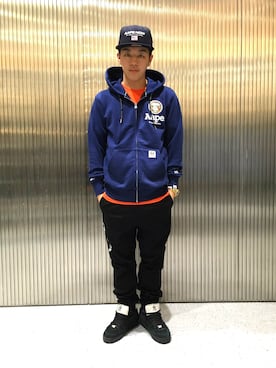 「AAPE BY A BATHING APE（エーエイプバイアベイシングエイプ）のアイテム（帽子）」を使った、山本雄也さん（メンズ・165cm）の春コーディネート