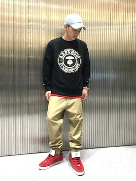 「AAPE BY A BATHING APE（エーエイプバイアベイシングエイプ）のアイテム（帽子）」を使った、山本雄也さん（メンズ・165cm）の春コーディネート