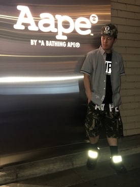 「AAPE BY A BATHING APE（エーエイプバイアベイシングエイプ）のアイテム（パンツ）」を使った、山本雄也さん（メンズ・165cm）の春コーディネート