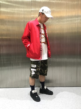 「Bape」｜「アイテム（ナイロンジャケット）」を使った、山本雄也さん（メンズ・165cm）の夏コーディネート