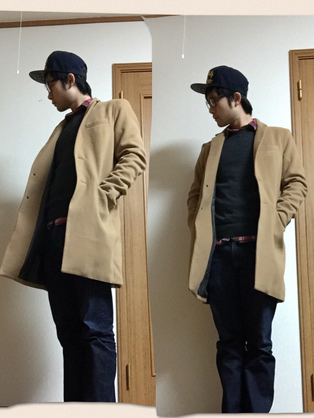 ベージュ系のチェスターコートを着用したメンズの冬コーディネートの1枚目の写真