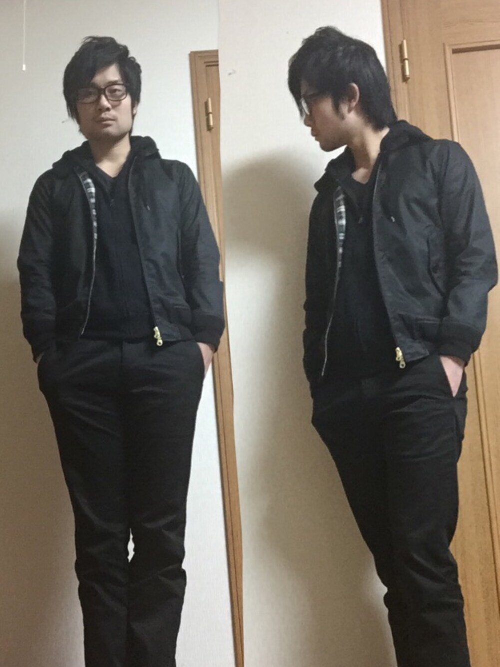 ブラック系のその他アウターを着用したメンズの冬コーディネートの1枚目の写真