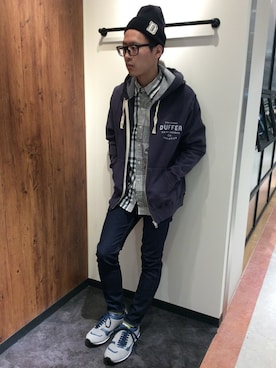 「The DUFFER of ST.GEORGE（ザダファーオブセントジョージ）の"D" WAPEEN KNIT CAP：ワッペンニットキャップ（ニットキャップ/ビーニー）」を使った、シバタさん（メンズ・168cm）の春コーディネート