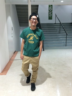 「The DUFFER of ST.GEORGE（ザダファーオブセントジョージ）の"D" WAPEEN KNIT CAP：ワッペンニットキャップ（ニットキャップ/ビーニー）」を使った、シバタさん（メンズ・168cm）の夏コーディネート