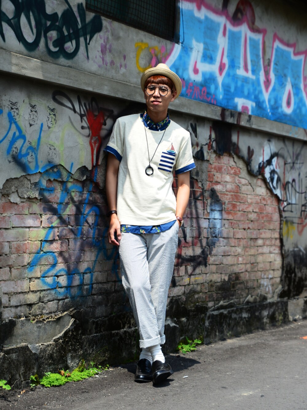 「Ralph Lauren、grn、plain-me」｜「grnの印刷口袋圖T（Tシャツ/カットソー、ベージュ系）」を使った、plain-me_tcさん（メンズ・178cm）の夏コーディネートの1枚目の写真