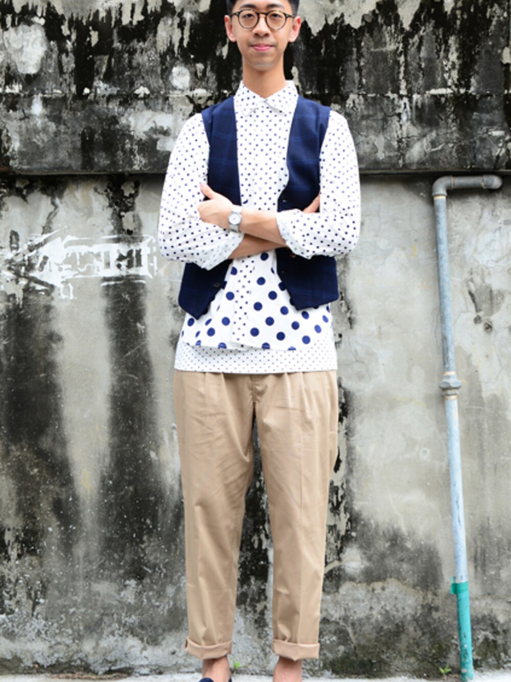 「Mark McNairy、plain-me、wisdom」｜「wisdomのSplicing LS Shirt（シャツ/ブラウス、ホワイト系）」を使った、plain-me_tcさん（メンズ・182cm）の秋コーディネートの1枚目の写真