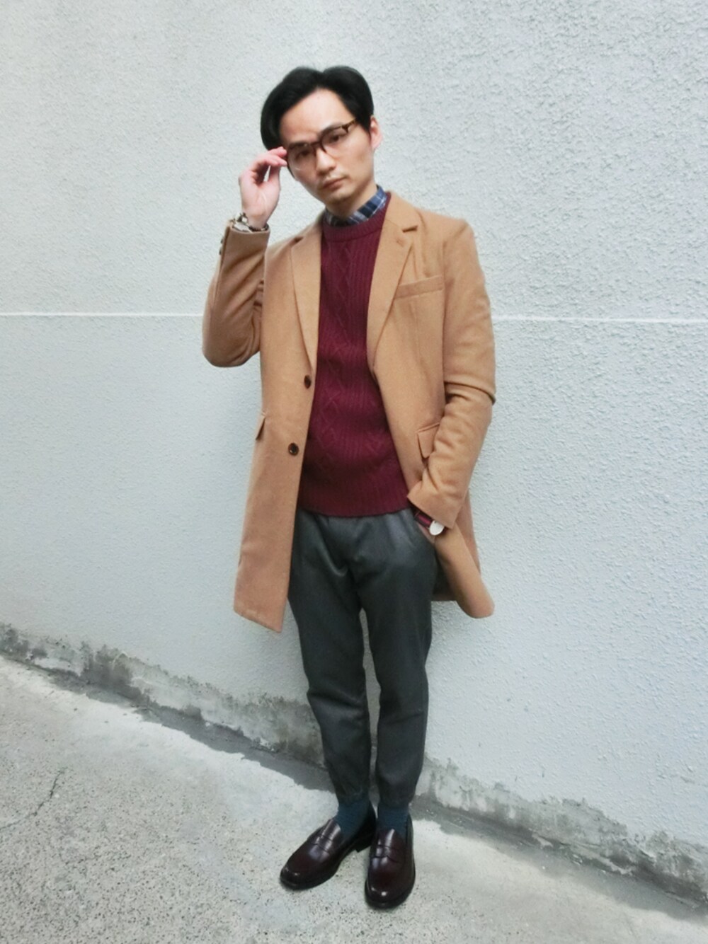 「grn、plain-me、audience」｜「AudienceのAUD2494-輕量Melton羊毛Chester外套（ピーコート、イエロー系）」を使った、plain-me_tcさん（メンズ・175cm）の冬コーディネートの1枚目の写真