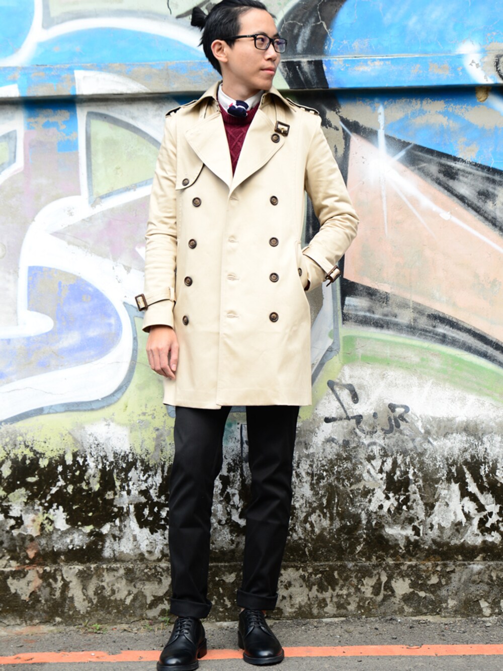 「grn、plain-me、Machismo」｜「MachismoのMCM1110-Trench Coat防風大衣（ピーコート、ベージュ系）」を使った、plain-me_tcさん（メンズ・175cm）の冬コーディネートの1枚目の写真