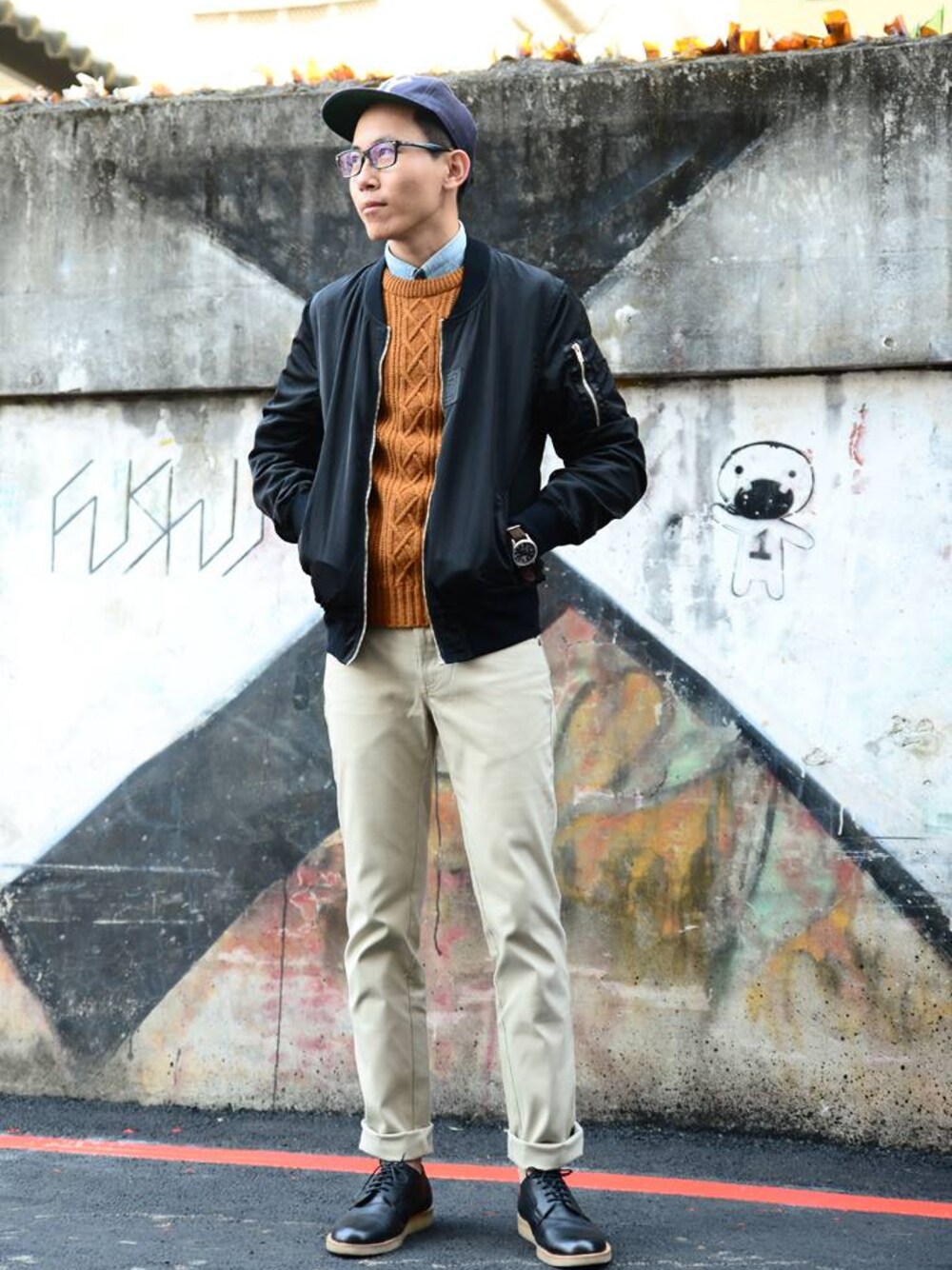 「grn、plain-me」｜「plain-meの經典MA-1夾克（その他、その他）」を使った、plain-me_tcさん（メンズ・175cm）の冬コーディネートの1枚目の写真