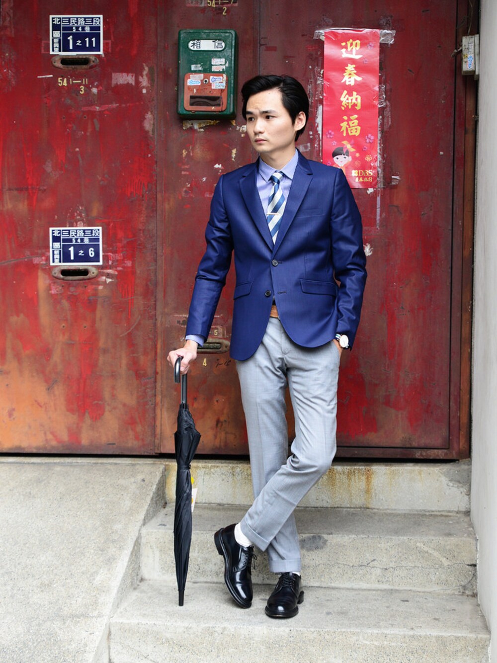 「ALDEN、plain-me、SECOND lab.」｜「plain-meの西裝領雙釦半裡西裝外套（その他、その他）」を使った、plain-me_tcさん（メンズ・175cm）の春コーディネートの1枚目の写真