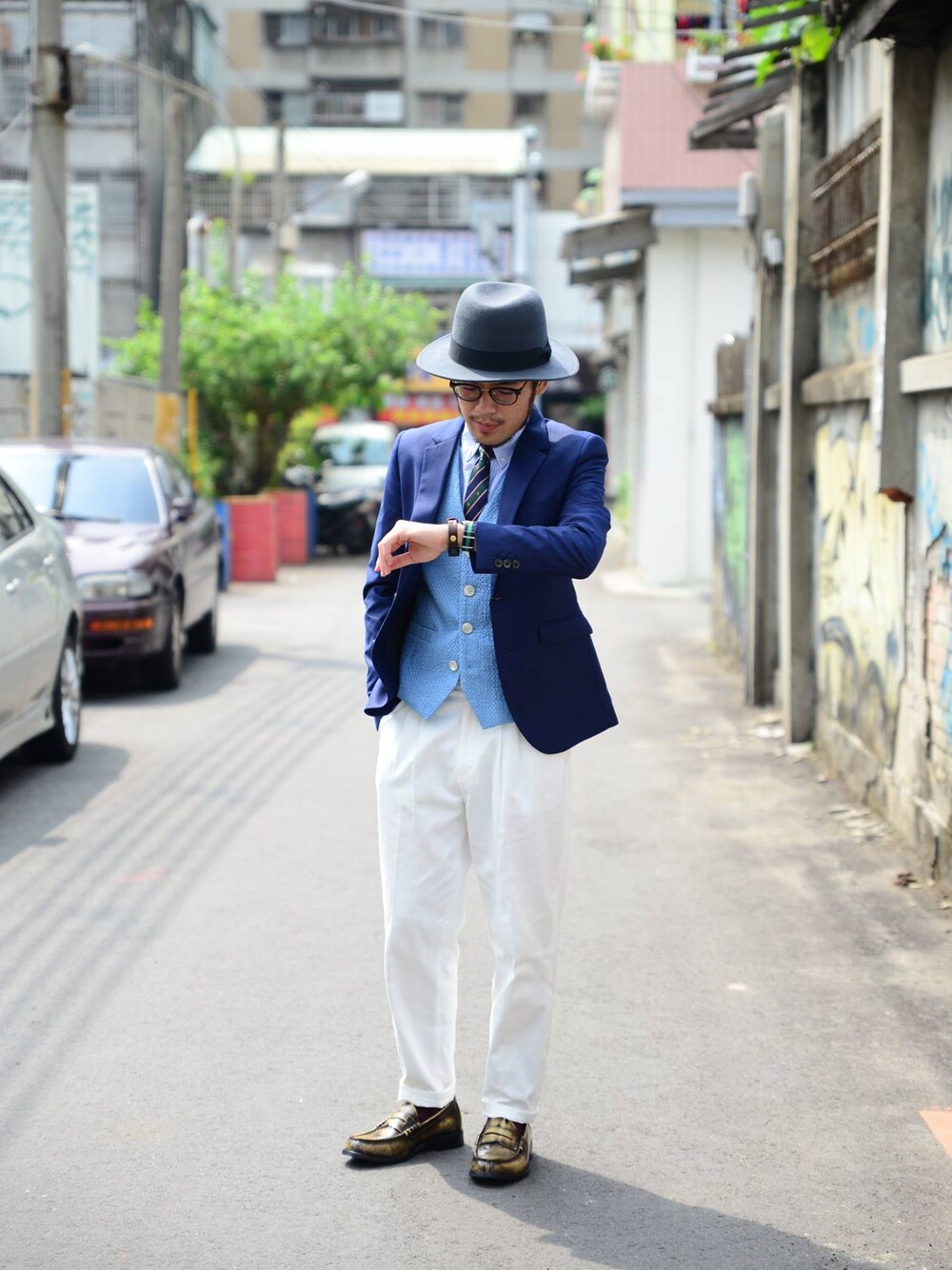 「plain-me、Blue Blue Japan」｜「plain-meの西裝領雙釦半裡西裝外套（その他、その他）」を使った、plain-me_tcさん（メンズ・175cm）の春コーディネートの1枚目の写真