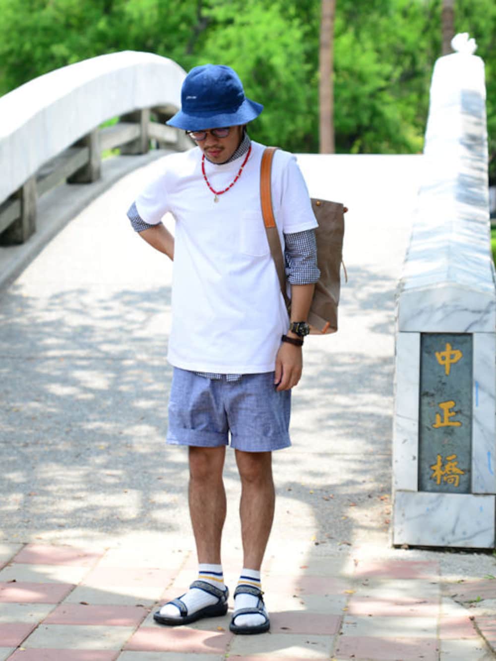 「teva、plain-me、goodwear」｜「Goodwear(Since1983)のGoodwear鬆身厚棉純白口袋T（その他、ホワイト系）」を使った、plain-me_tcさん（メンズ・175cm）の夏コーディネートの1枚目の写真