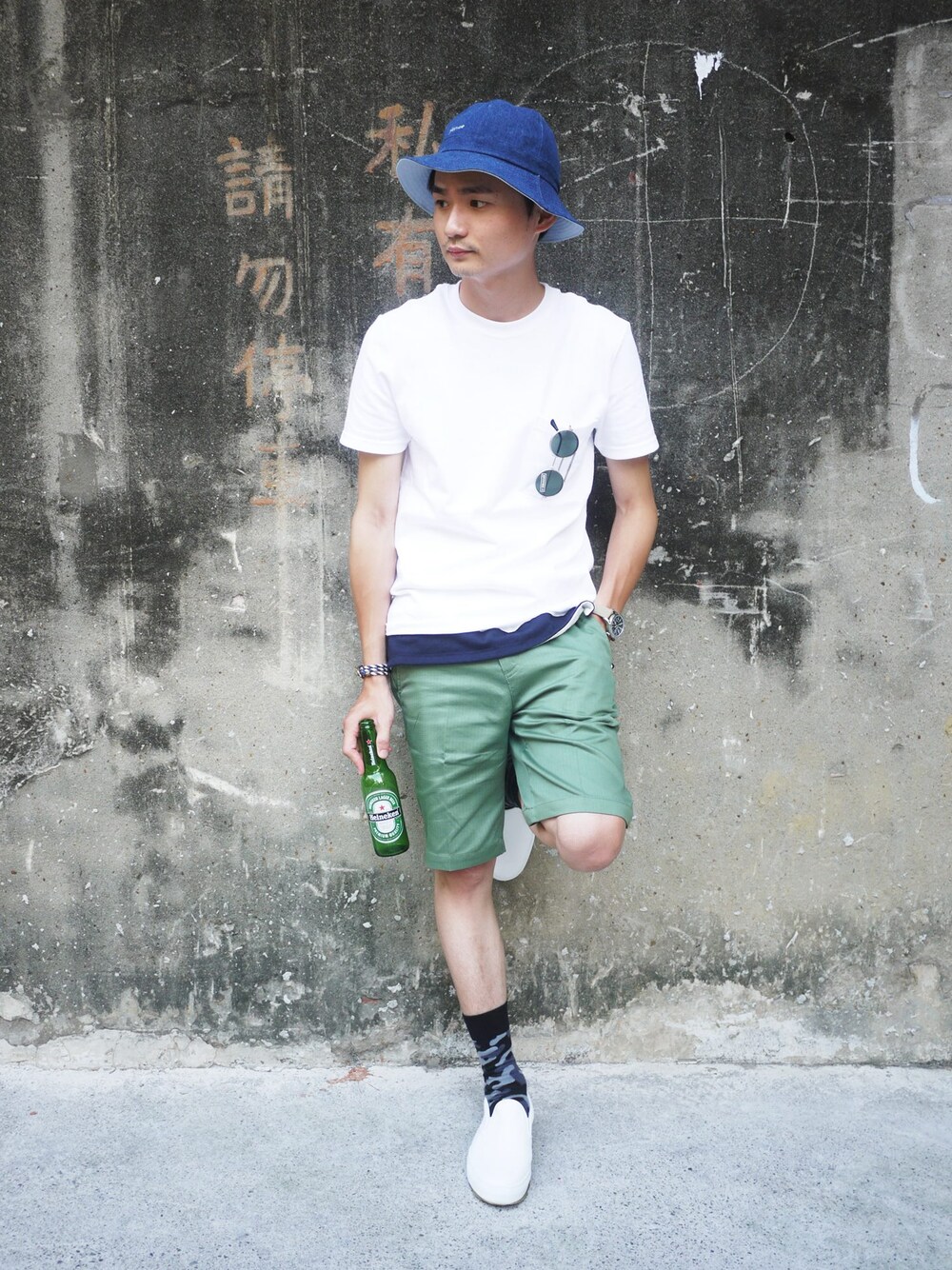 「plain-me、amb」｜「plain-meの雙面丹寧漁夫帽（その他、その他）」を使った、plain-me_tcさん（メンズ・175cm）の夏コーディネートの1枚目の写真
