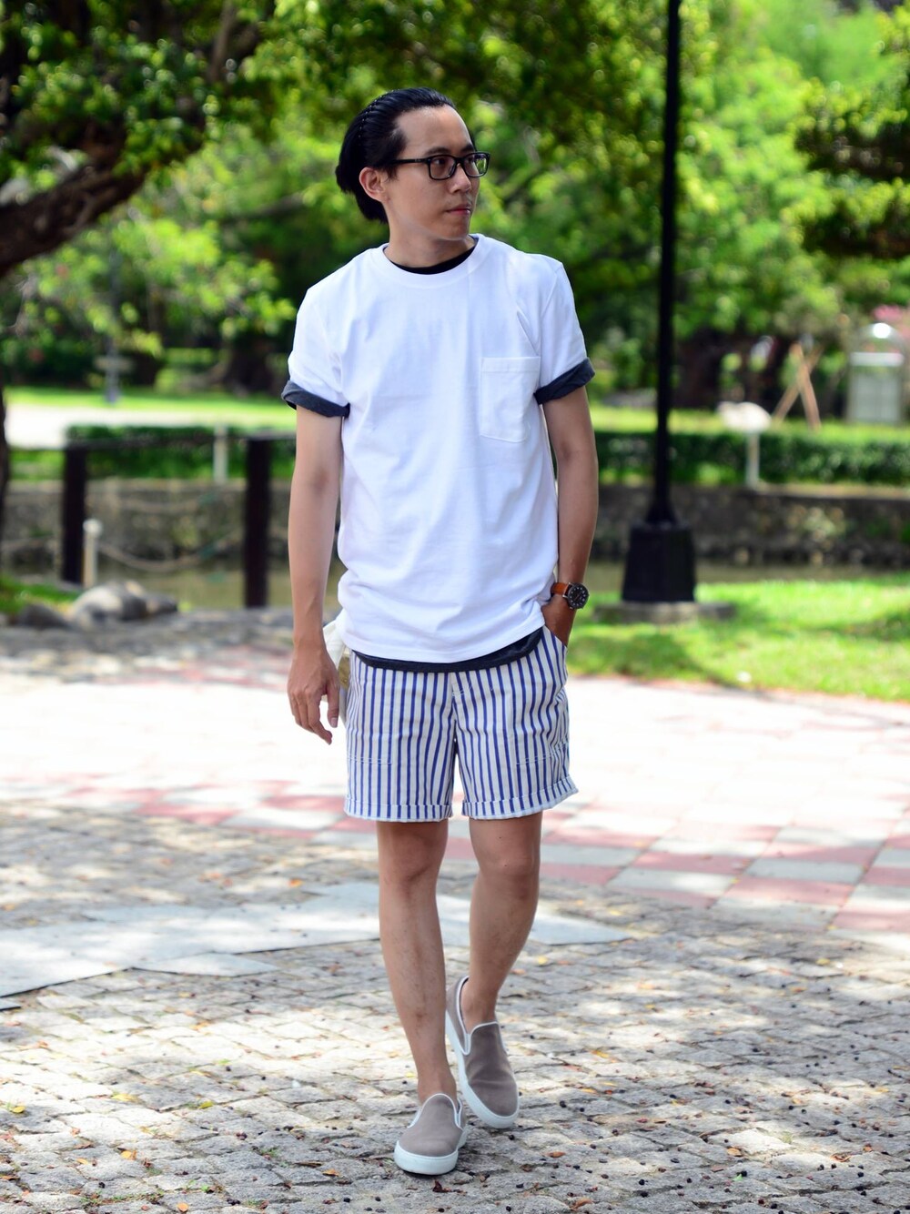 「plain-me、goodwear、amb」｜「Goodwear(Since1983)のGoodwear鬆身厚棉純白口袋T（その他、ホワイト系）」を使った、plain-me_tcさん（メンズ・175cm）の夏コーディネートの1枚目の写真