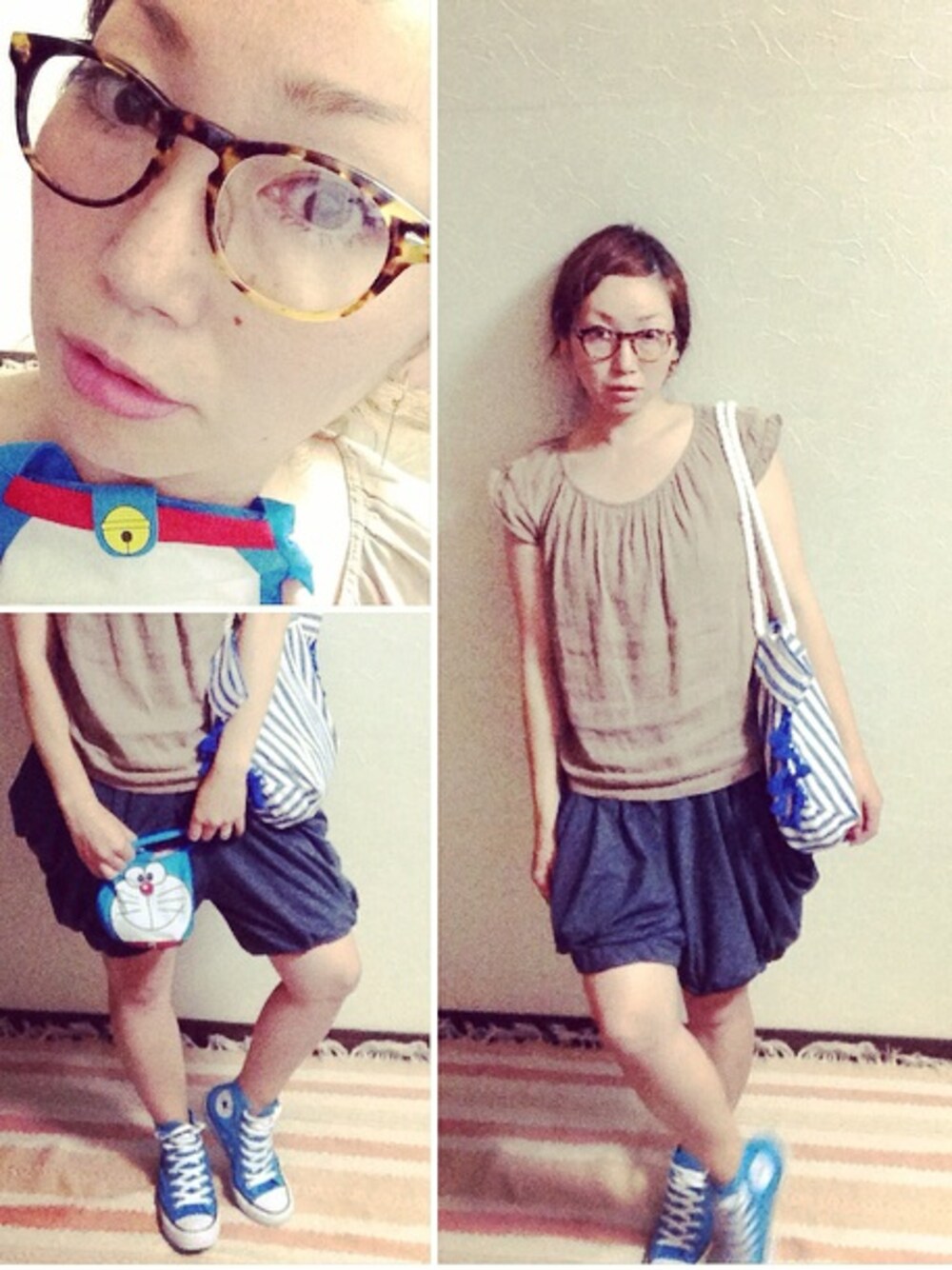 ブルー系のトートバッグ、グレー系のその他パンツ、ブルー系のハンドバッグを着用したレディースの夏コーディネートの1枚目の写真