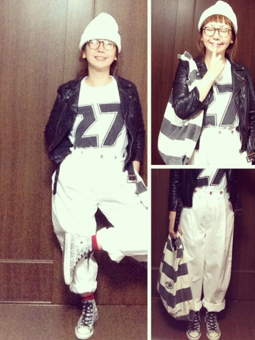 ホワイト系のデニムパンツ、ブラック系のライダースジャケット、ホワイト系のTシャツ/カットソーを着用したレディースの夏コーディネートの1枚目の写真