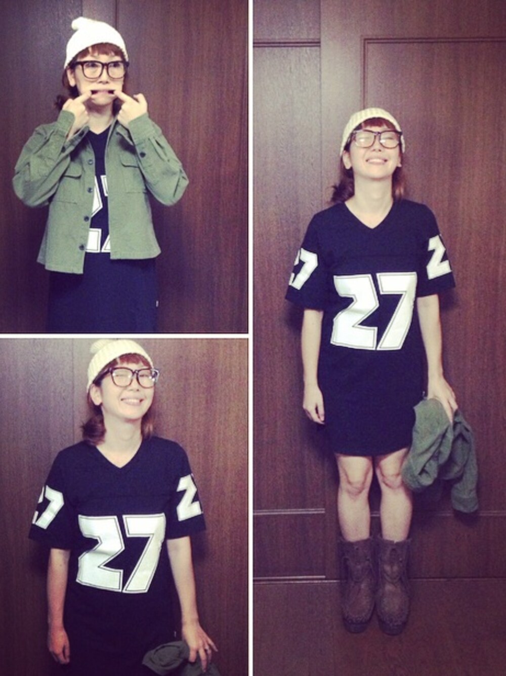 ブラック系のワンピース、グリーン系のシャツ/ブラウス、ブラウン系のブーツを着用したレディースの秋コーディネートの1枚目の写真