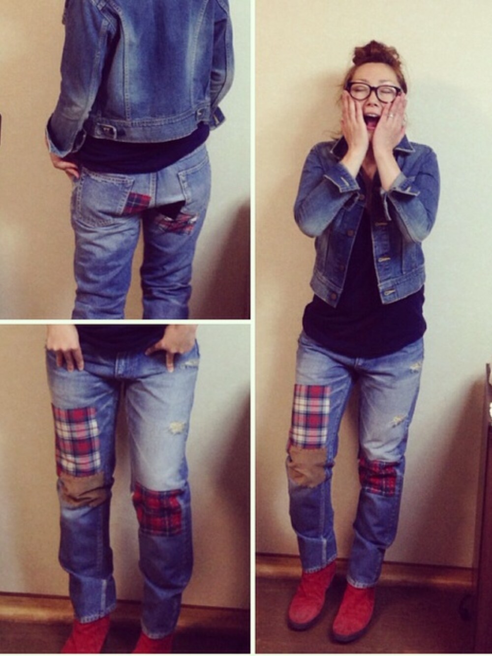 ブルー系のデニムパンツ、ブルー系のデニムジャケット、レッド系のブーツを着用したレディースの秋コーディネートの1枚目の写真