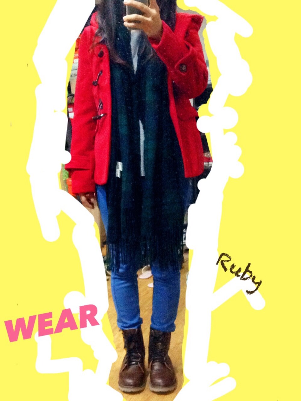 「EYESCREAM(taiwan)のアイテム（その他アウター、レッド系）」を使った、Ruby Hさん（レディース・155cm）の冬コーディネートの1枚目の写真