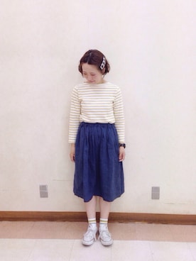 「ORCIVAL（オーシバル）の【ORCIVAL(オーシバル)】コットンロード フレンチバスクシャツ（Tシャツ/カットソー）」を使った、イ   ズ   ミさん（レディース・153cm）の夏コーディネート