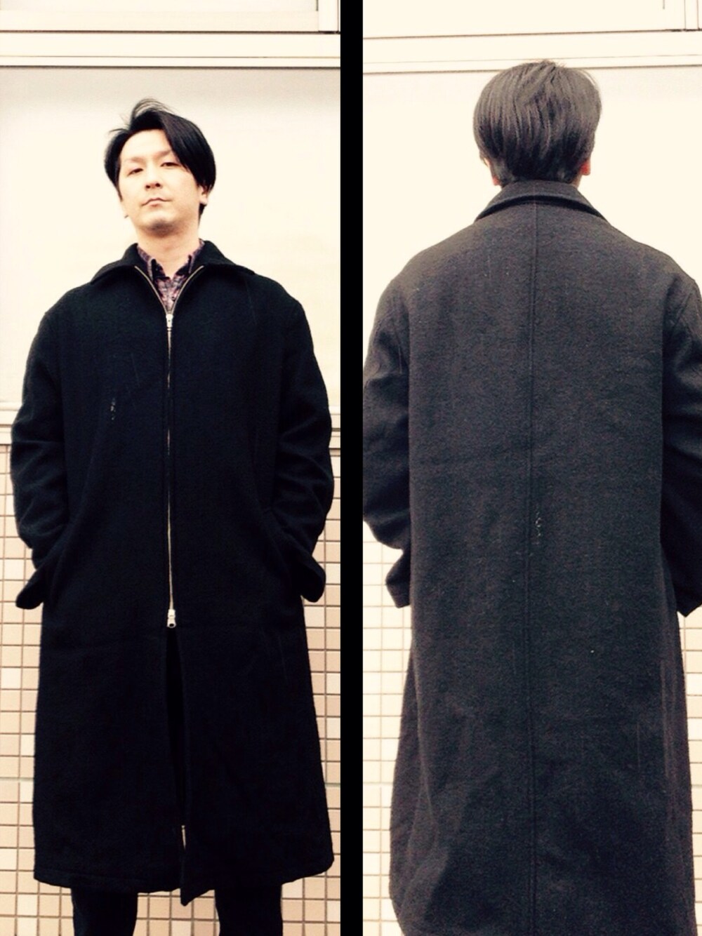 「yohjiyamamoto、Y's、ロングコート、全身黒、真っ黒コーデ、大晦日」｜「Y’s for menのアイテム（ダウンジャケット/コート、ブラック系）」を使った、Yu-kiさん（メンズ・177cm）の冬コーディネートの1枚目の写真
