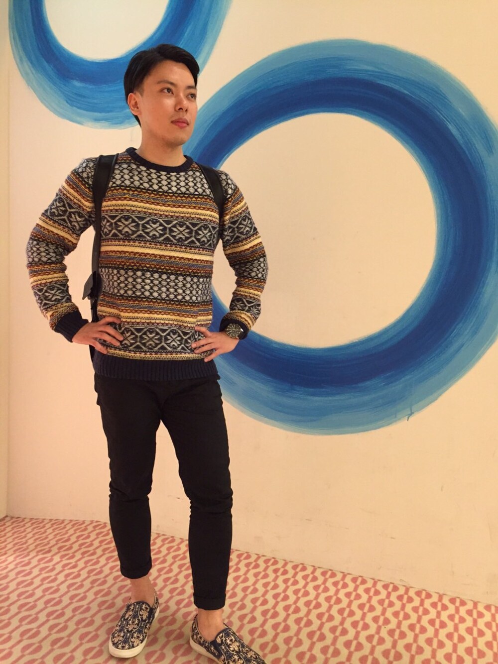 「Desigualの「Desigual/デシグアル」フェアアイルニット（ニット/セーター、ブルー系）」を使った、HIDEKIさん（メンズ・173cm）の秋コーディネートの1枚目の写真