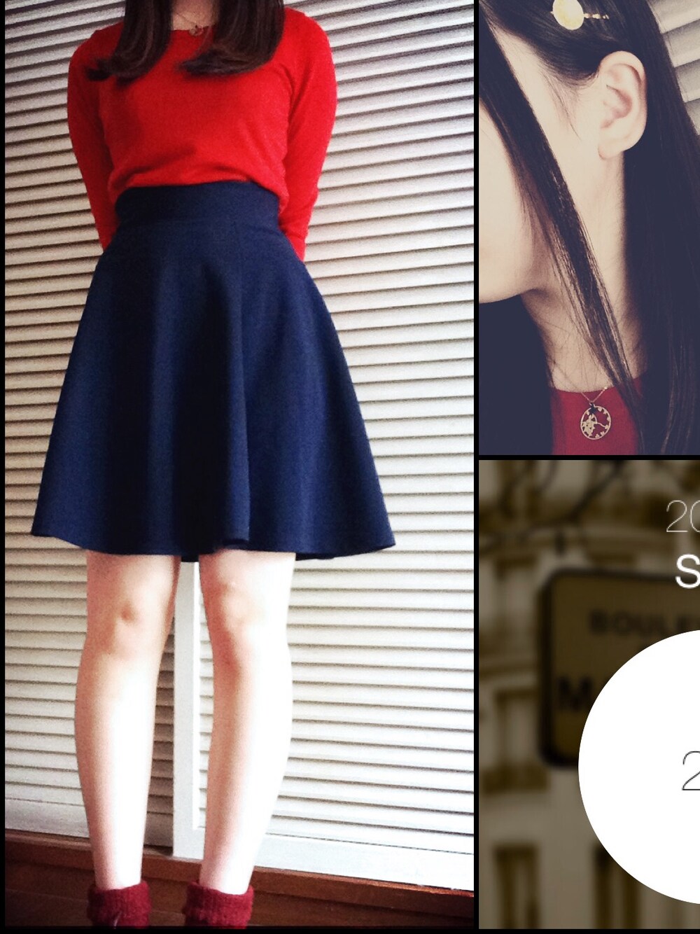 ブルー系のスカート、レッド系のニット/セーター、ゴールド系のネックレスを着用したレディースの秋コーディネートの1枚目の写真