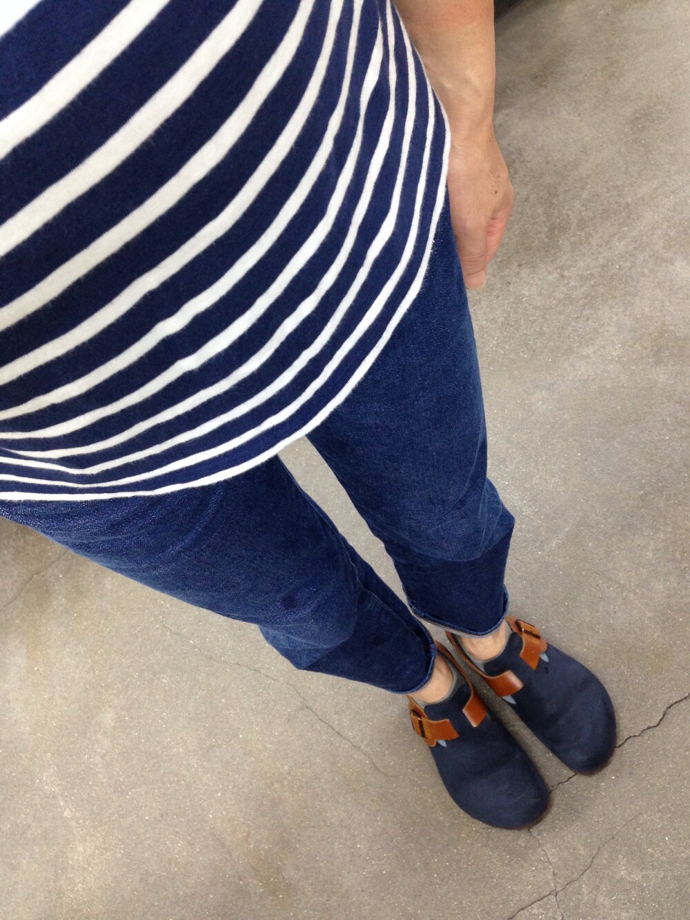 「デニム、ジーンズ、しましま、ビルケンシュトック、birkenstock、saint james、セントジェームス、ジーパン」｜「SAINT JAMESのセントジェームス ピリアック（Tシャツ/カットソー、グリーン系）」を使った、hiro5cさん（メンズ・170cm）の夏コーディネートの1枚目の写真