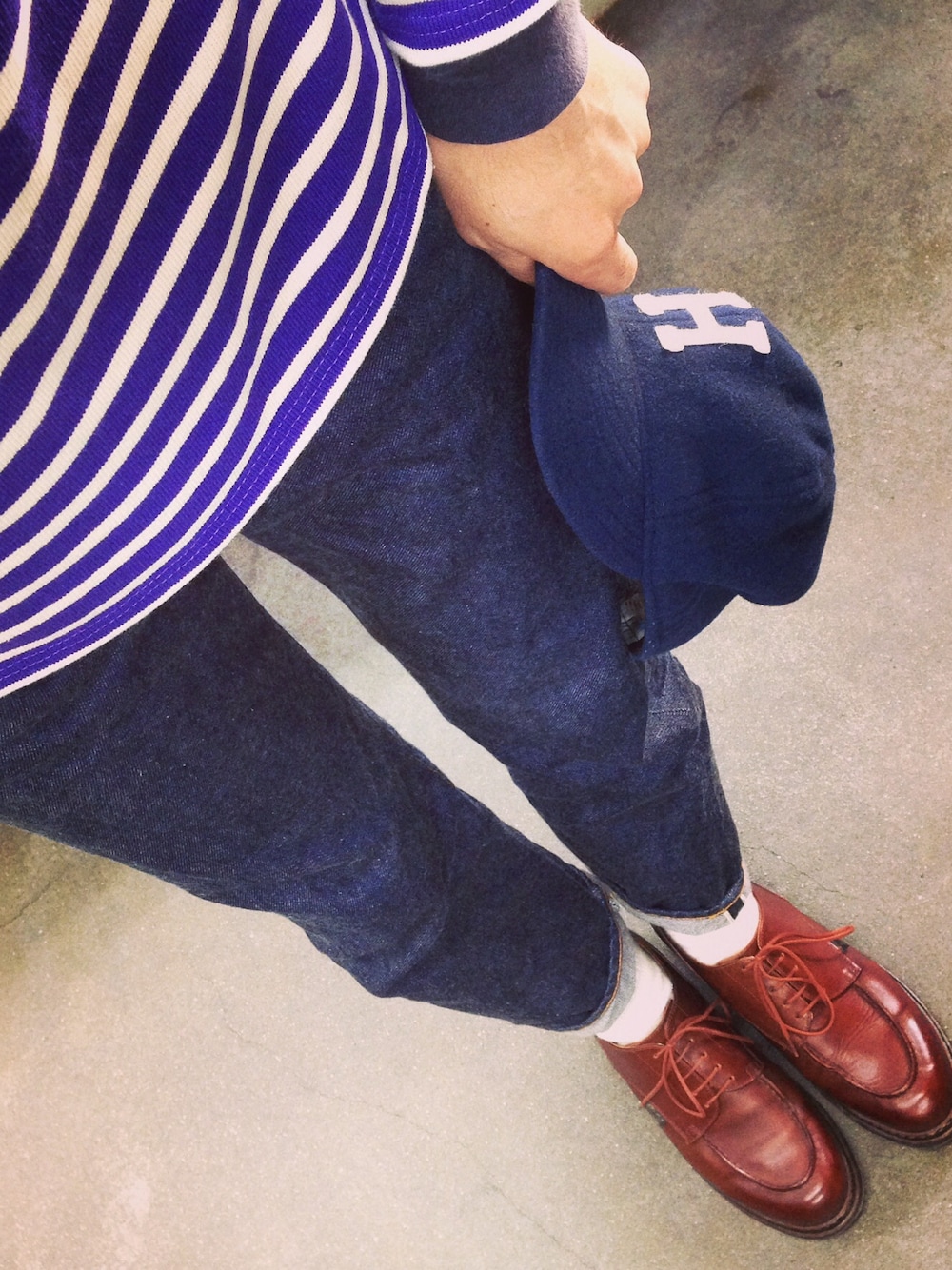 「SAINTJAMES、RESOLUTE、Paraboot」｜「SAINT JAMESのセントジェームス ウエッソン ボーダー（Tシャツ/カットソー、オレンジ系）」を使った、hiro5cさん（メンズ・170cm）の秋コーディネートの1枚目の写真