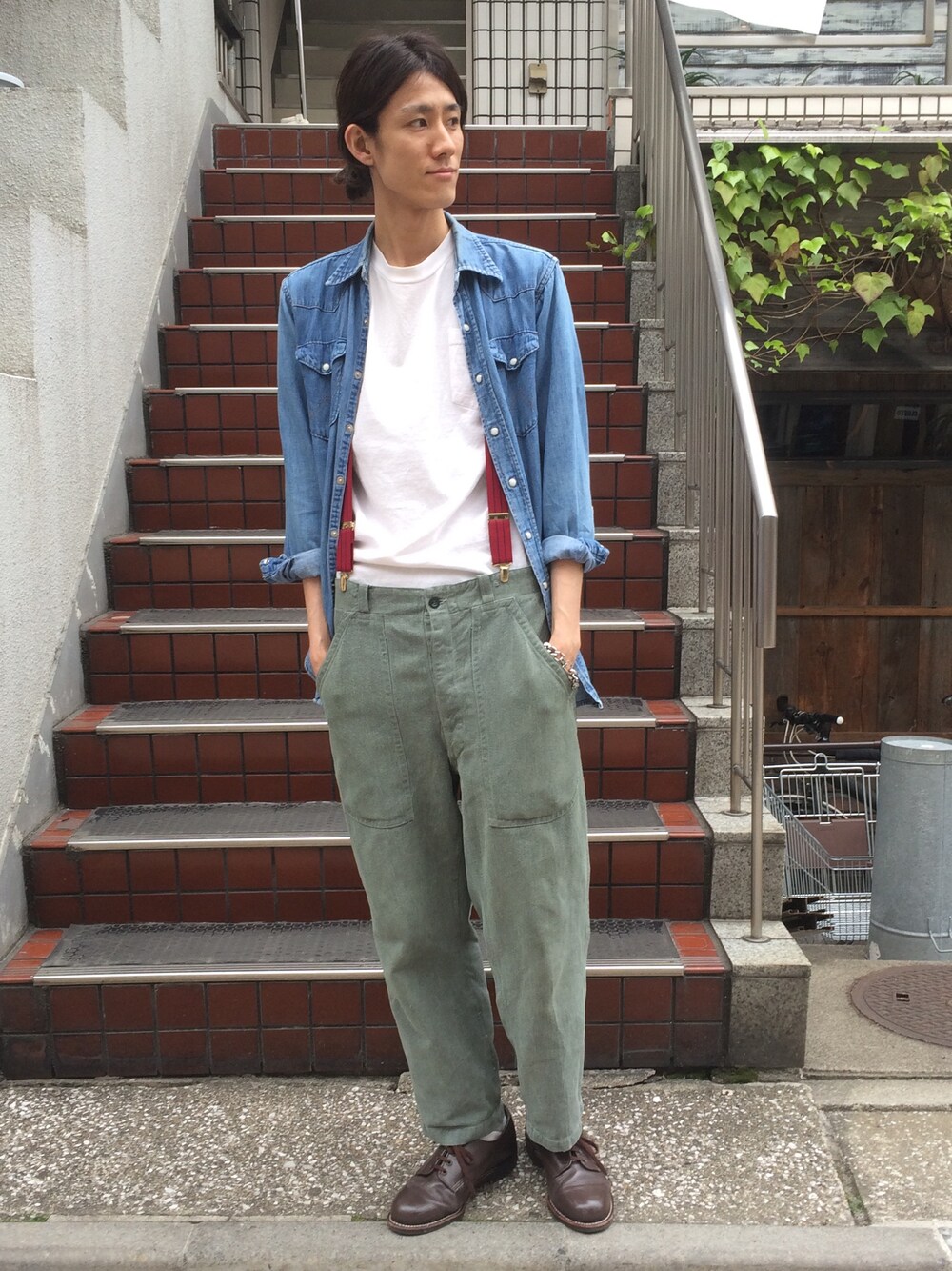 「ワーク、ウエスタンシャツ、used、古着、Dclothing、サスペンダー」｜「Dclothingのアイテム（ブーツ、ブラウン系）」を使った、キタタクさん（メンズ・187cm）の春コーディネートの1枚目の写真