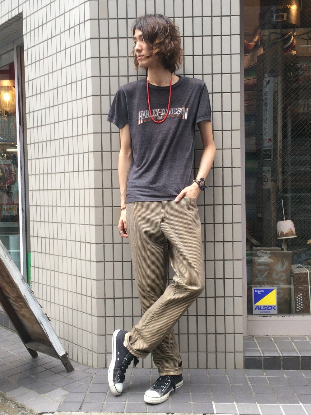「古着、vintage、HARLEY-DAVIDSON、ワーク、古着MIX、高円寺」｜「VINTAGEのアイテム（Tシャツ/カットソー、ブラック系）」を使った、キタタクさん（メンズ・187cm）の夏コーディネートの1枚目の写真