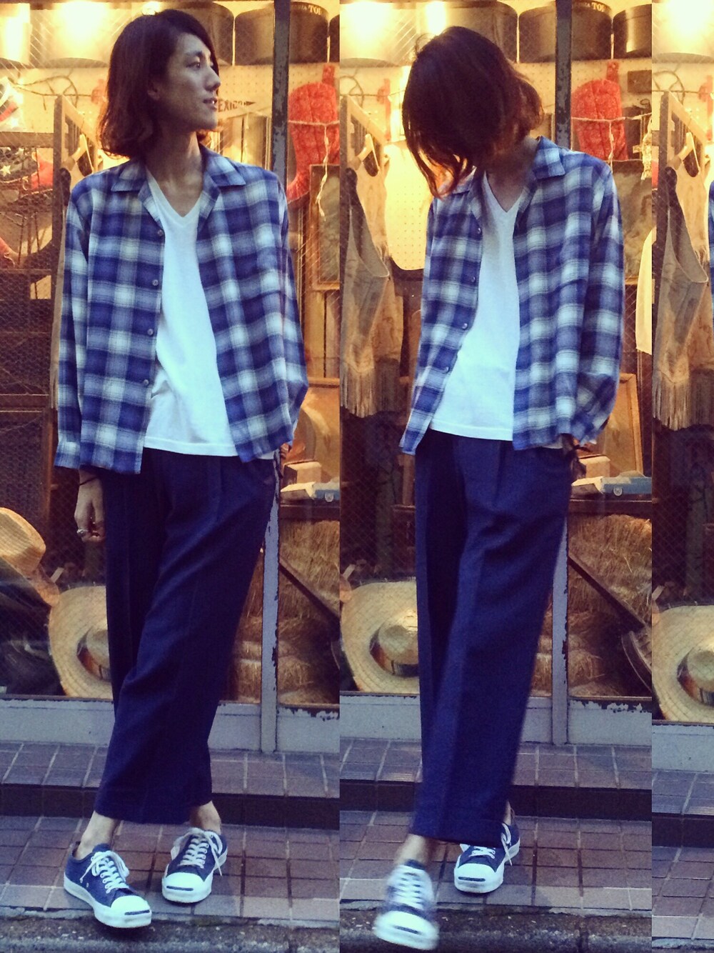 「vintage、スラックス、チェックシャツ、ネイビー、古着、ジャックパーセル、ワイドパンツ、50's」｜「VINTAGEのアイテム（シャツ/ブラウス、ブルー系）」を使った、キタタクさん（メンズ・187cm）の夏コーディネートの1枚目の写真