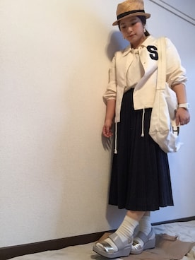 「ストローハット」｜「アイテム（ブルゾン）」を使った、mamimiさん（レディース・151cm）の春コーディネート