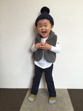 「アイテム（ニットキャップ/ビーニー、ブルー系）」を使った、uuuuta⋆⋆⋆さん（キッズ・90cm）の秋コーディネート