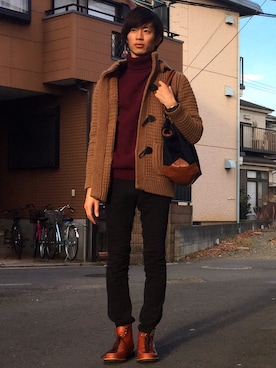 「UNIQLO（ユニクロ）のMEN ソフトタッチハイネックT（長袖・大きいサイズ）（Tシャツ/カットソー）」を使った、ぬま海老さん（メンズ・175cm）の冬コーディネート