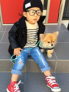 「GAP（ギャップ）のアイテム（ライダースジャケット）」を使った、634さん（キッズ・90cm）の秋コーディネート