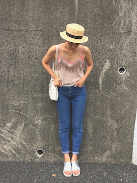 「MONKI（モンキ）のアイテム（シューズ）」を使った、浅野美奈弥さん（レディース・173cm）の夏コーディネート
