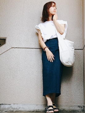 「EMODA（エモダ）のアイテム（デニムスカート）」を使った、みきてぃさん（レディース・154cm）の夏コーディネート
