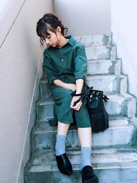 「アイテム（ヘアアクセサリー、ブルー系）」を使った、みきてぃさん（レディース・155cm）の秋コーディネート