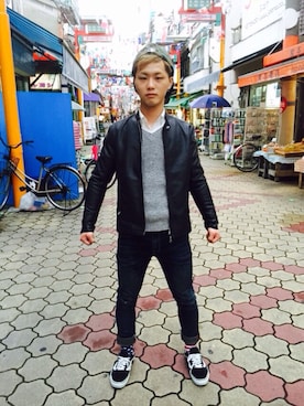 「靴」｜「アイテム（ライダースジャケット）」を使った、shouzanさん（メンズ・170cm）の秋コーディネート