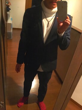 「COMME CA ISM（コムサイズム）のアイテム（テーラードジャケット、ブルー系）」を使った、ひろさん（メンズ・166cm）の冬コーディネート