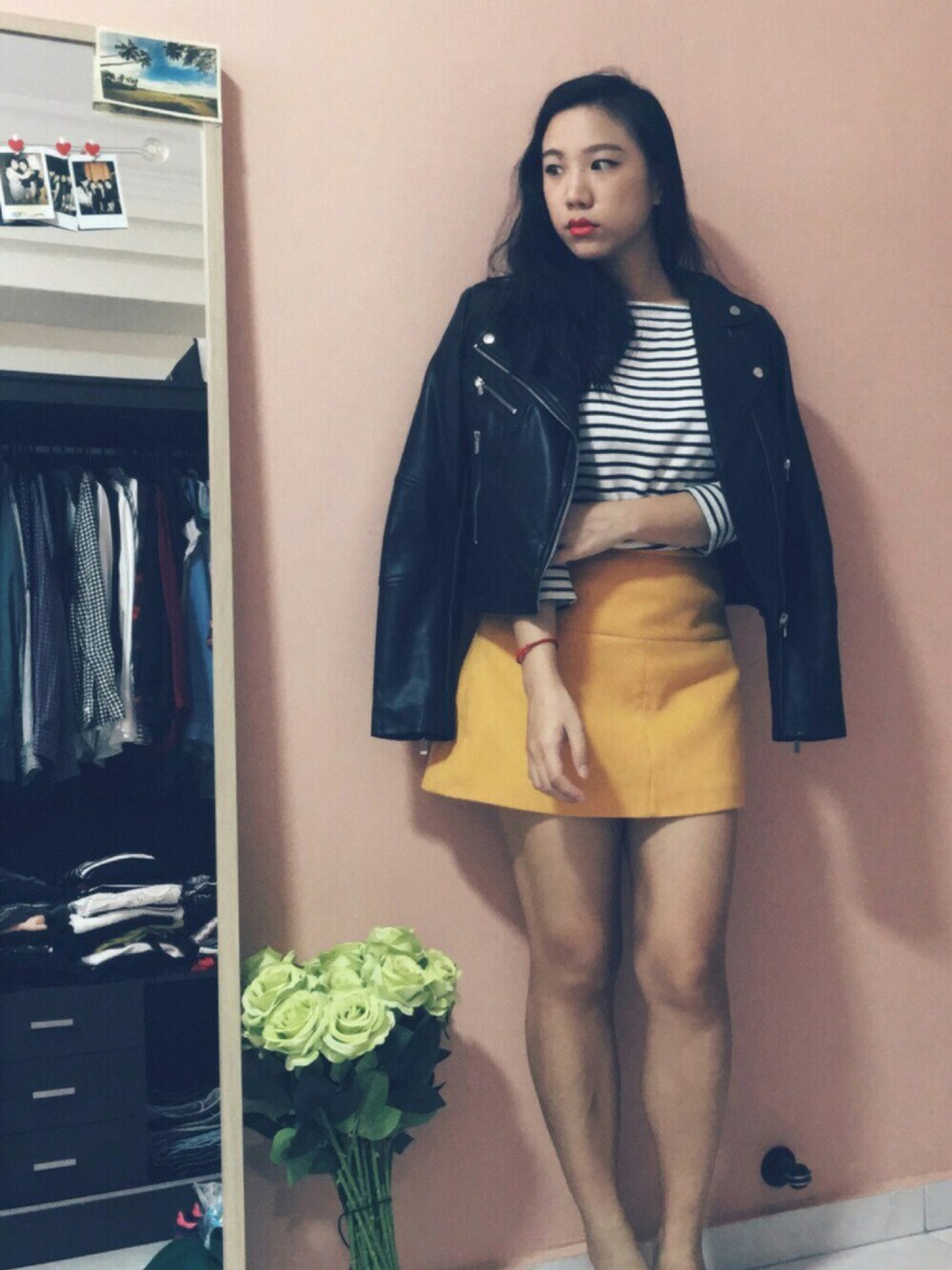 「ZaloraxWear、ZALORAxWEARstylesquad、stripe、leather jacket、Singapore、Zalora、zalorasg、UNIQLO、夏コーデ、summer」｜「MANGOのアイテム（ライダースジャケット、ブラック系）」を使った、shelooksawayさん（レディース・158cm）の夏コーディネートの1枚目の写真