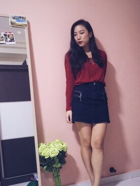 「H&M（エイチ・アンド・エム）のアイテム（ニット/セーター、オレンジ系）」を使った、shelooksawayさん（レディース・158cm）の夏コーディネート