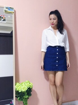 「UNIQLO（ユニクロ）のアイテム（シャツ/ブラウス、ホワイト系）」を使った、shelooksawayさん（レディース・158cm）の夏コーディネート