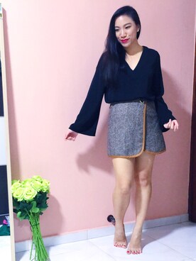 「ZALORA（-）のアイテム（シャツ/ブラウス、ブラック系）」を使った、shelooksawayさん（レディース・158cm）の夏コーディネート